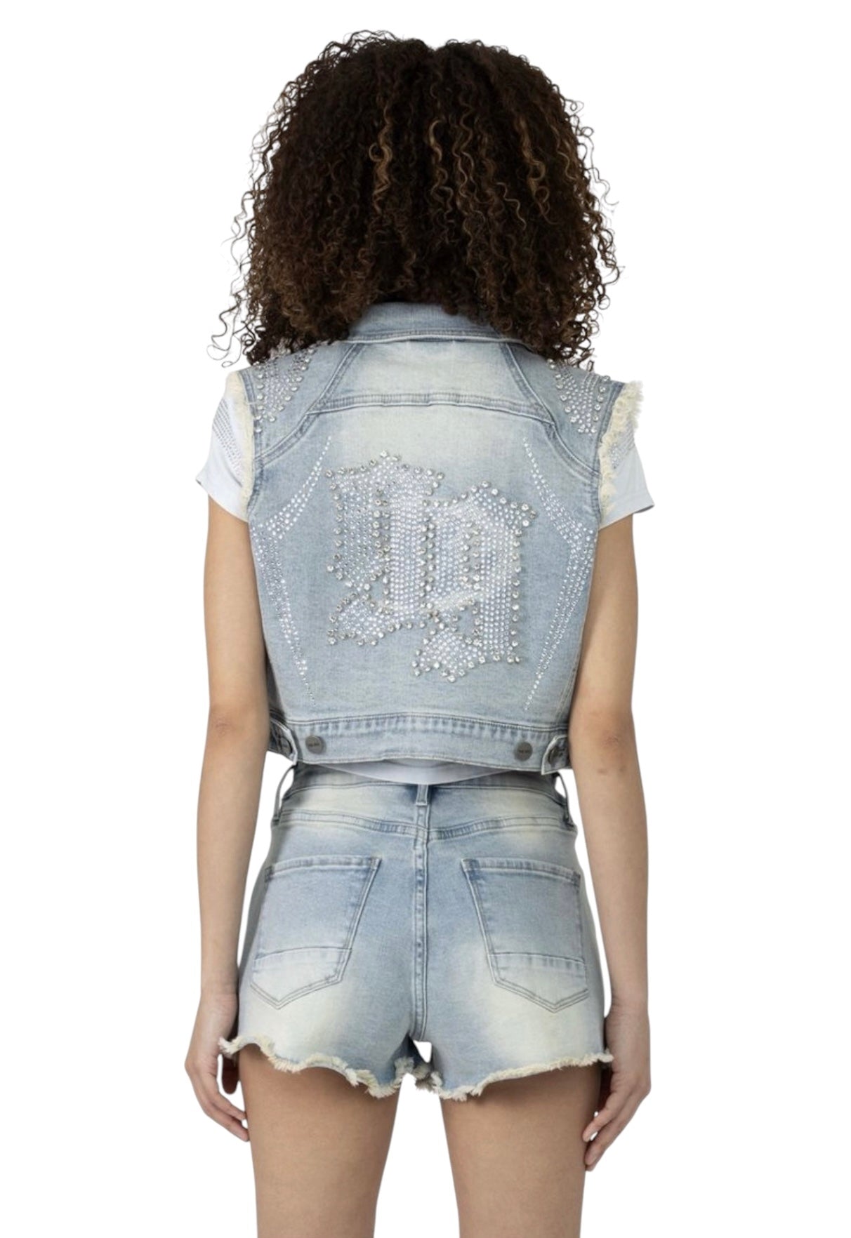 Smoke rise rhinestone cropped trucker vest