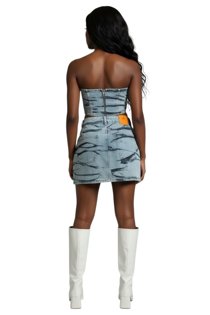 AB studded denim corset top & skirl blue
