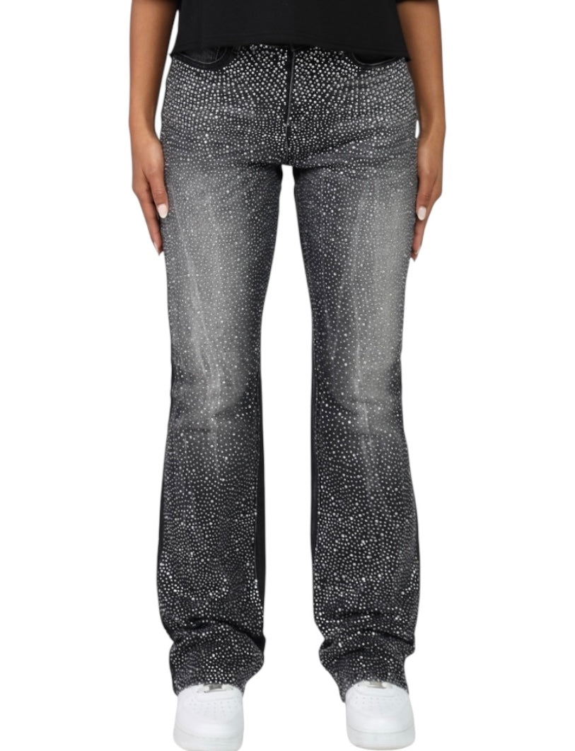 Smoke rise all over rhinestone stack jeans blk wash AP25813