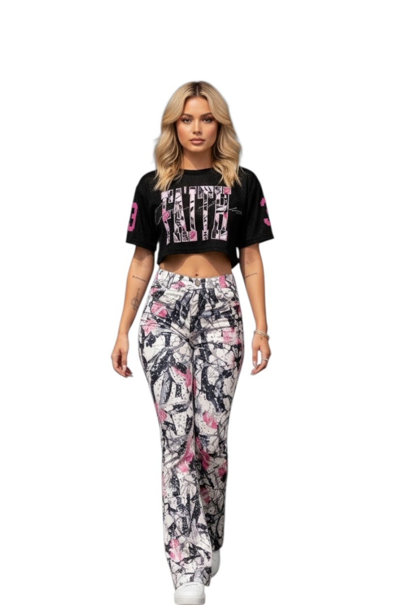 Red fox twill hunter stacked jeans with rhinestones pink