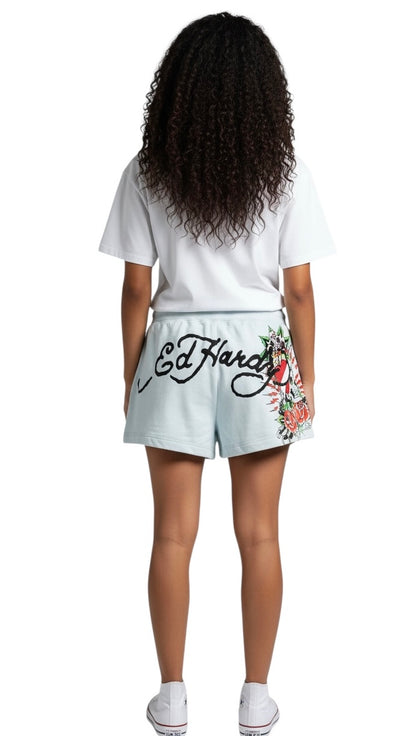 Ed hardly heart roses fleece shorts arctic blue