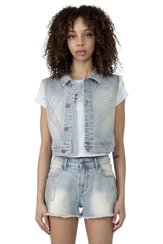 Smoke rise rhinestone cropped trucker vest