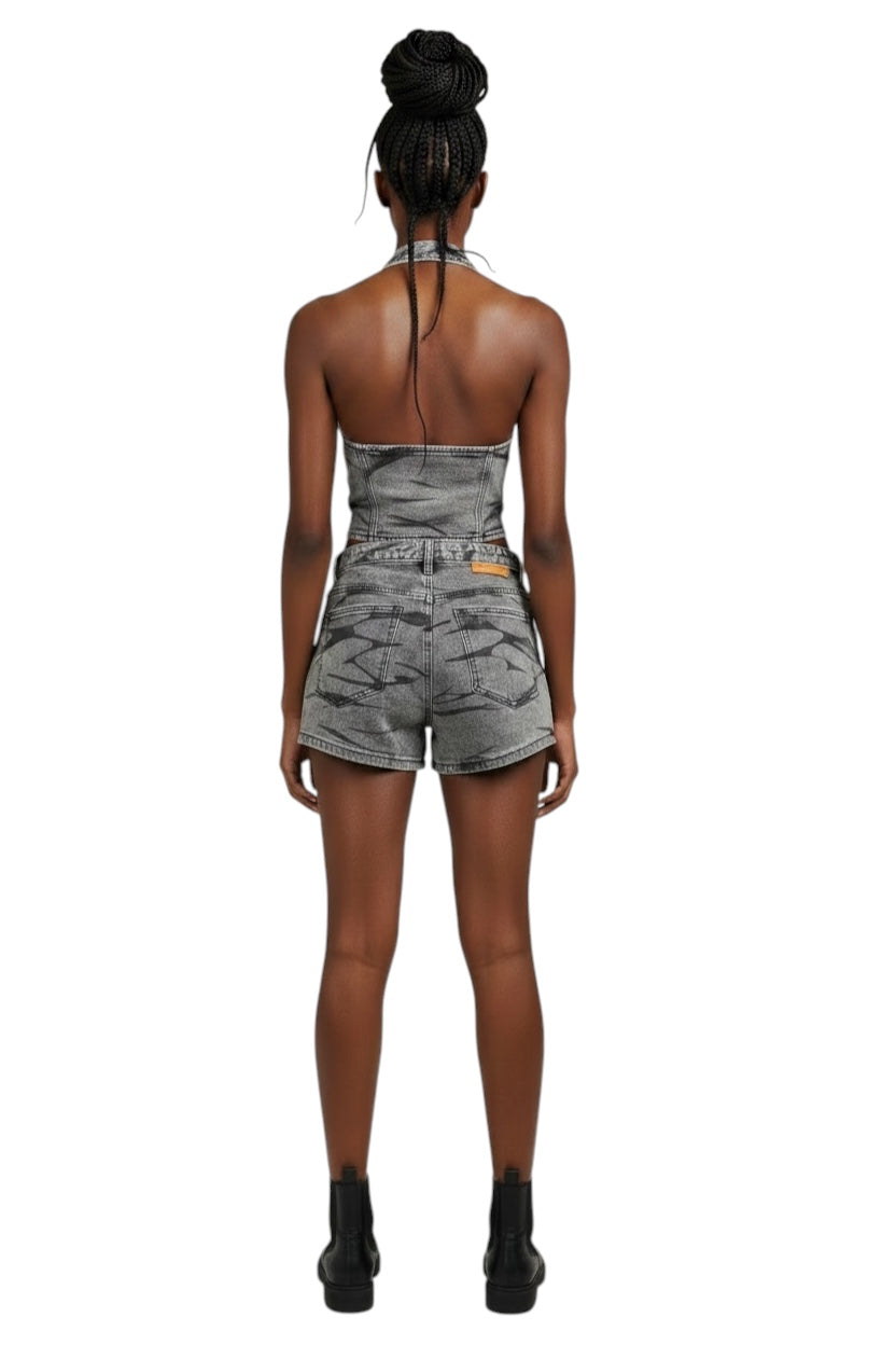 AB DENIM STUDDED TOP AND SHORTS SET grey