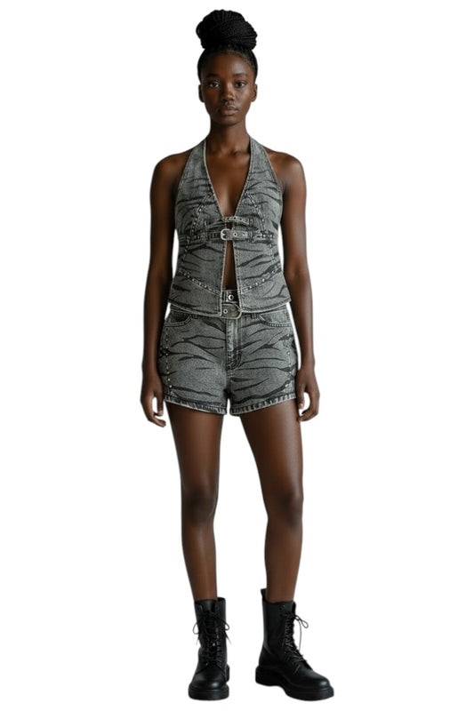 AB DENIM STUDDED TOP AND SHORTS SET grey