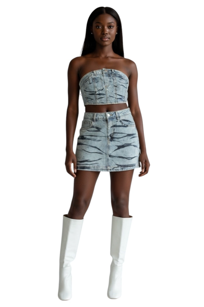 AB studded denim corset top & skirl blue