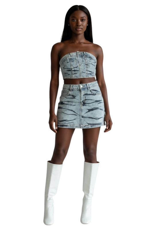 AB studded denim corset top & skirl blue